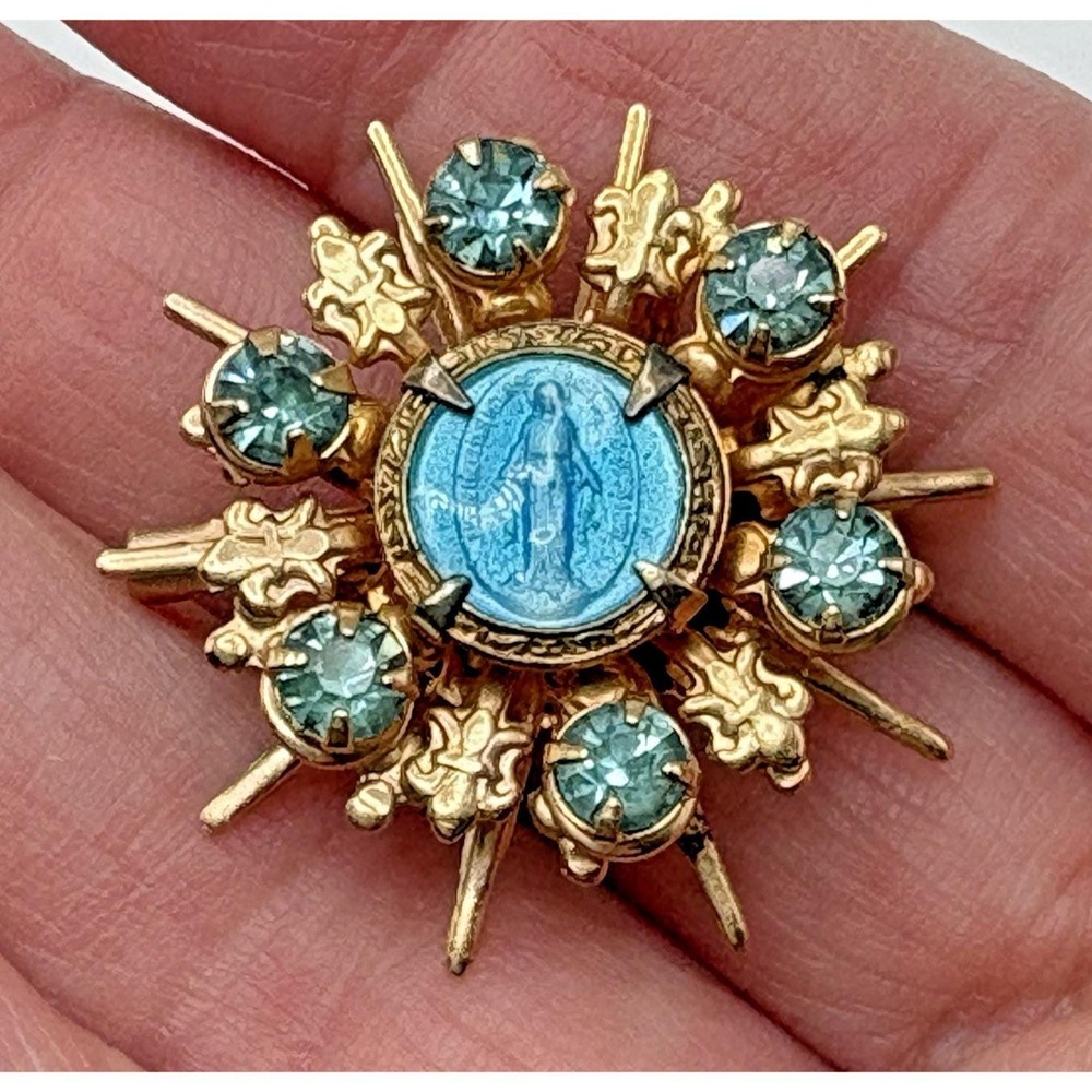Vintage Mary Brooch 1950s Immaculate Conception Blue Rhinestone Religious